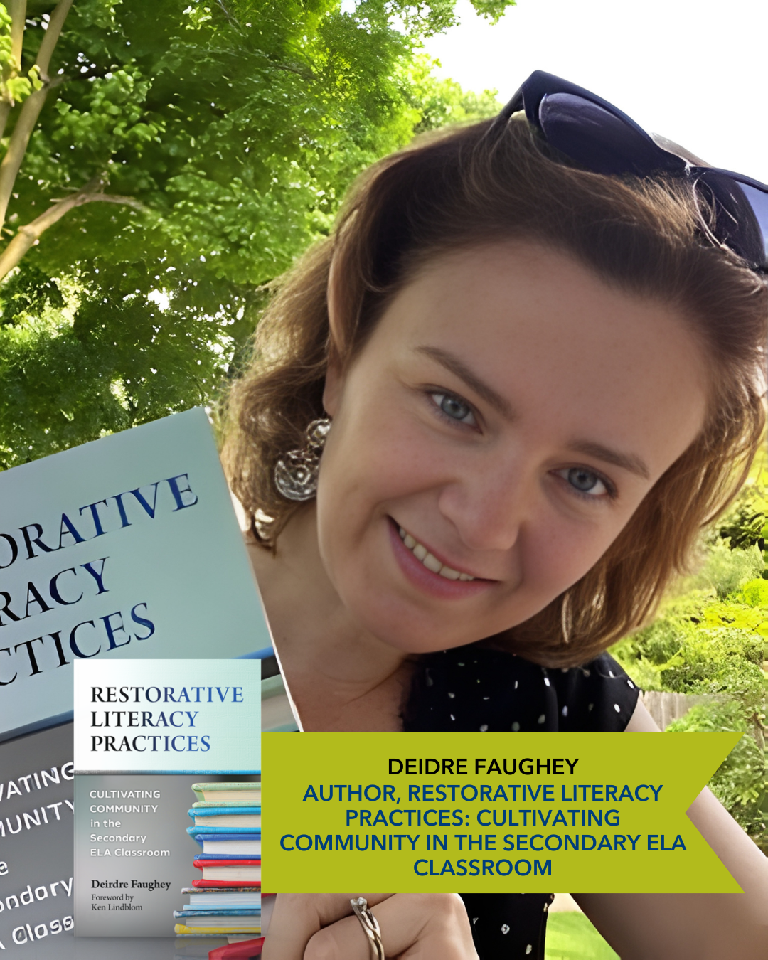 Author Deidre Faughey holds up a copy of her book, Restorative Literacy Practices