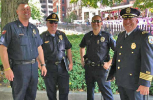 C4RJ police partners gather for restorative justice legislative hearing at the Massachusetts State House. Left to Right: Sgt. Matt Pinard (Littleton), Lt. Leo Crowe (Carlisle), Det. Mike Sallese, Chief Robert Bongiorno (Bedford)